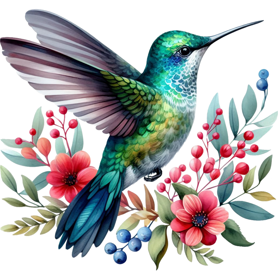 Watercolor Hummingbird Floral Fabric Panel 4