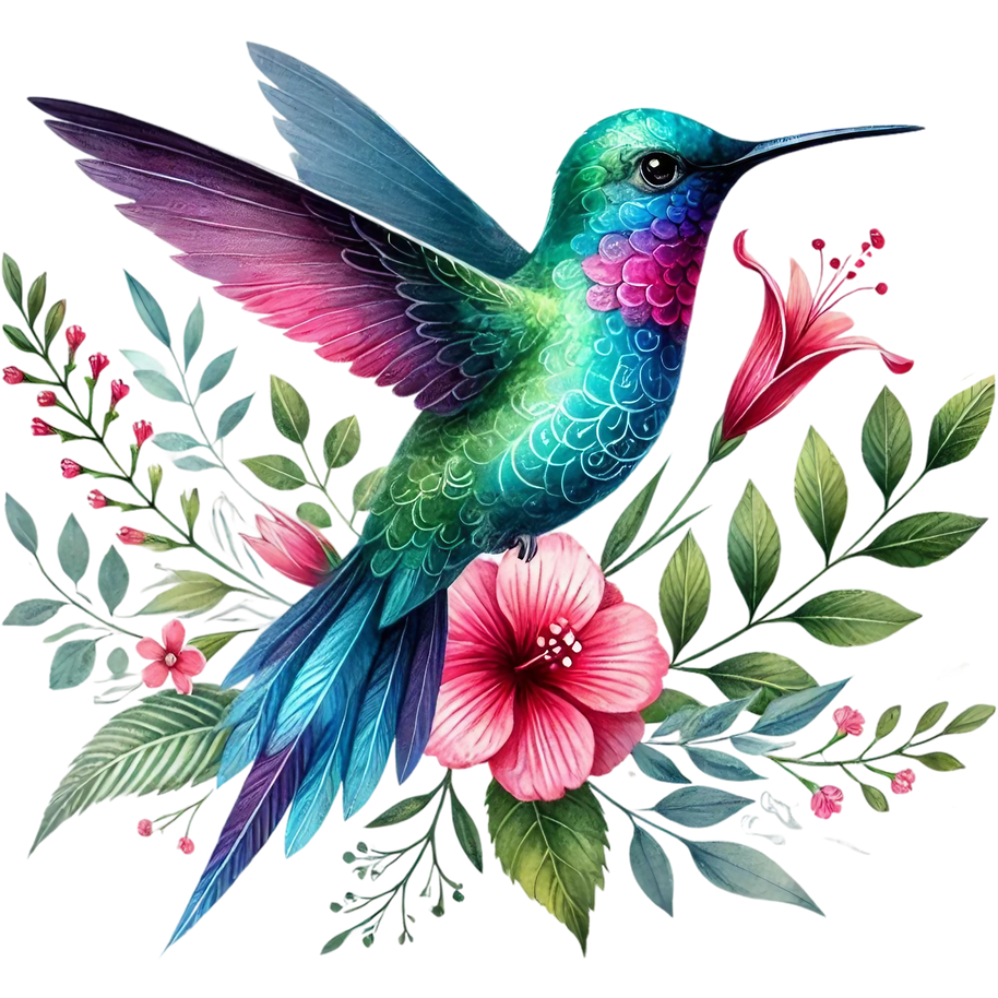 Watercolor Hummingbird Floral Fabric Panel 40