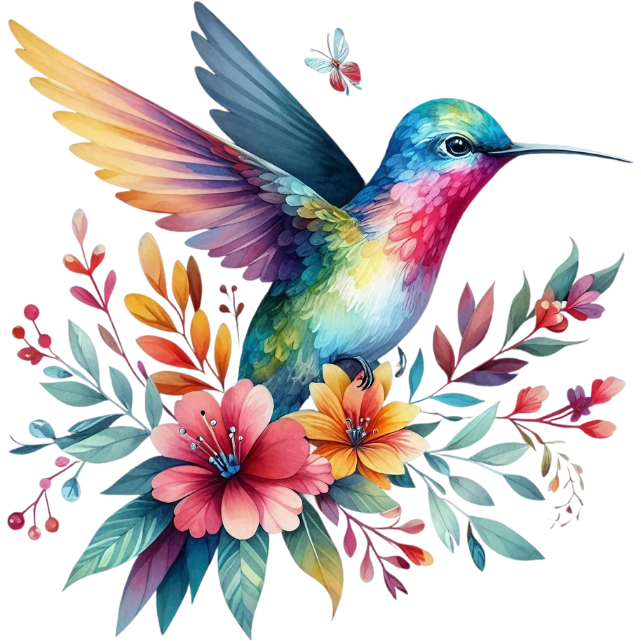 Watercolor Hummingbird Floral Fabric Panel 41