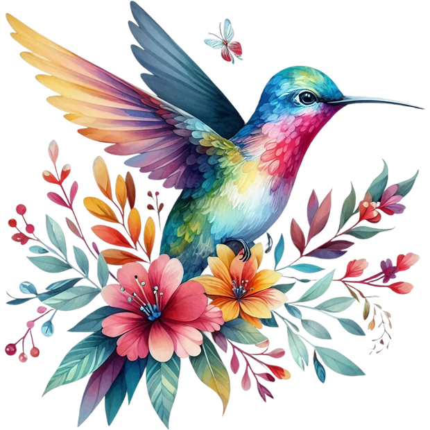 Watercolor Hummingbird Floral Fabric Panel 41
