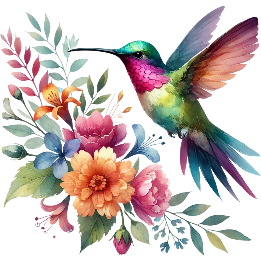 Watercolor Hummingbird Floral Fabric Panel 42