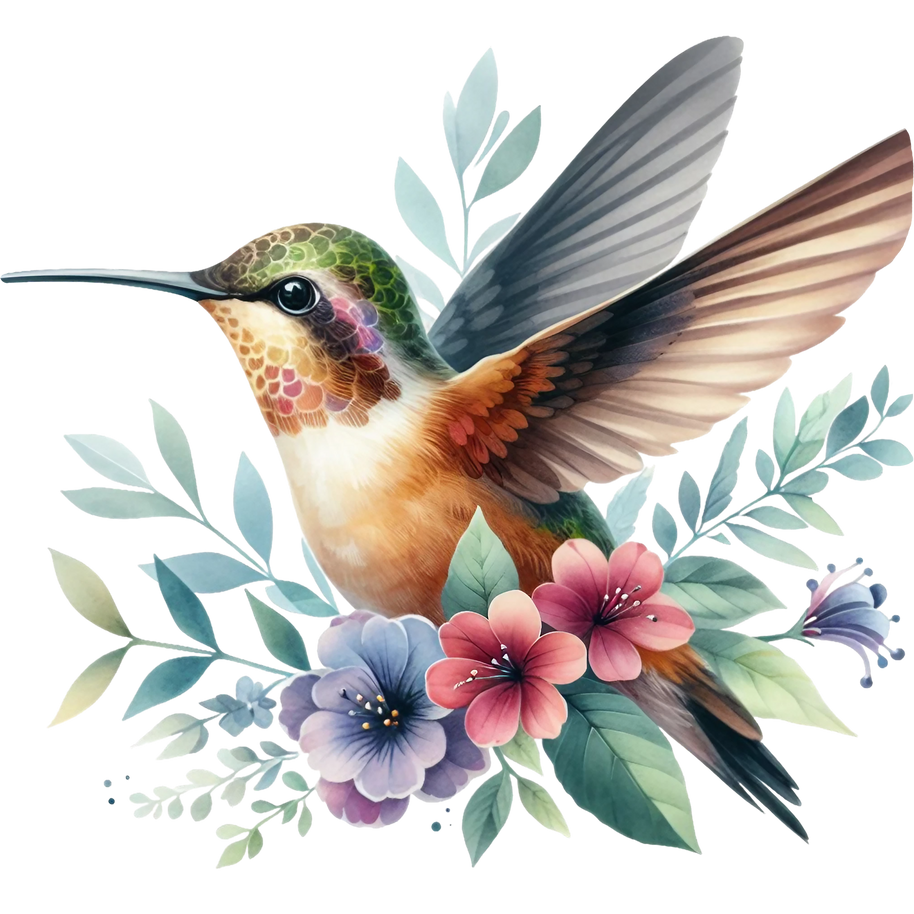 Watercolor Hummingbird Floral Fabric Panel 6