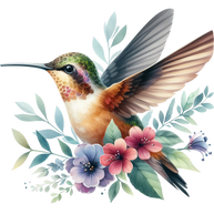 Watercolor Hummingbird Floral Fabric Panel 6