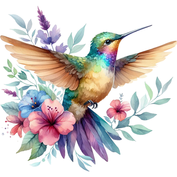Watercolor Hummingbird Floral Fabric Panel 8
