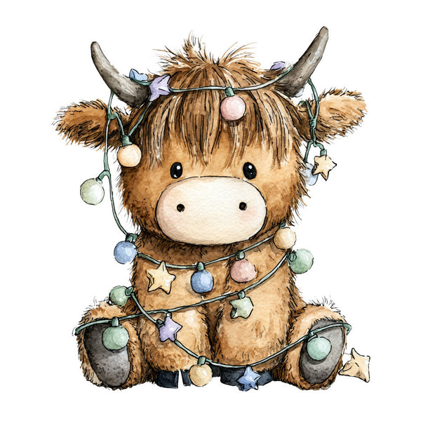 Vintage Christmas Highland Cows Fabric Panel 29